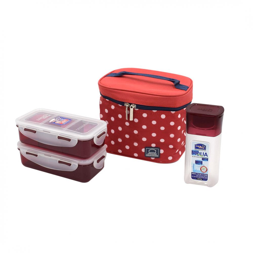 LOCK & LOCK Lunch Box 3 Pcs Set with Dotted Pattern Bag HPL758S3DR